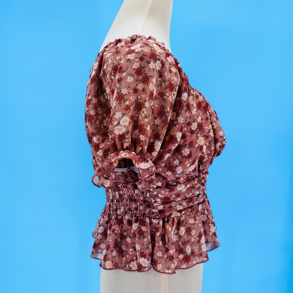 Evolutionary Floral Smocked Peplum Top Brown Pink Sweetheart Puff Sleeve Medium - Picture 2 of 9